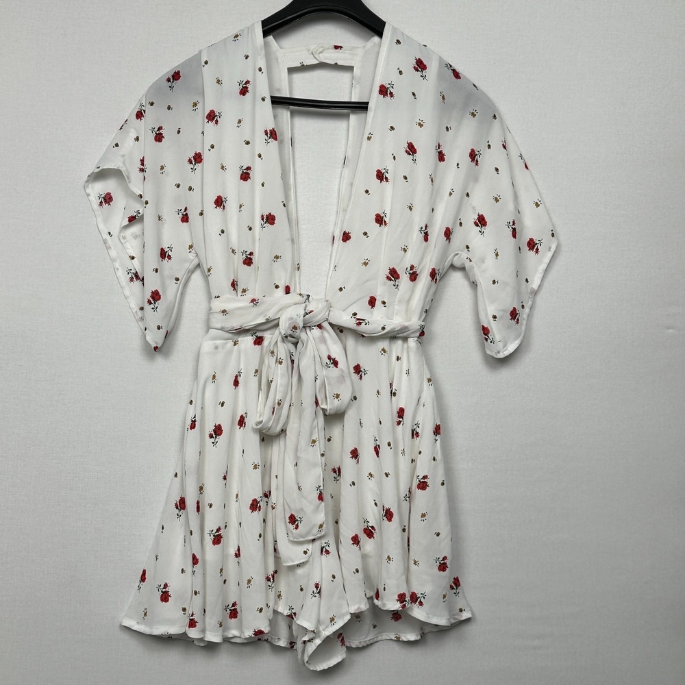 Lioness Floral V Neck Tie Waist Romper Jumpsuit White Women's Size S